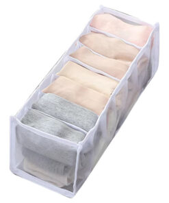 Clothes organiser with multiple compartments for neatly storing underwear, socks, bras, and scarves in drawers.