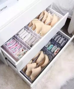 Clothes organiser with multiple compartments for neatly storing underwear, socks, bras, and scarves in drawers.