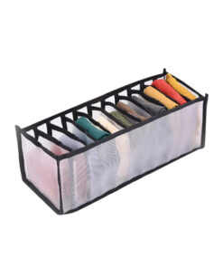 Clothes organiser with multiple compartments for neatly storing underwear, socks, bras, and scarves in drawers.